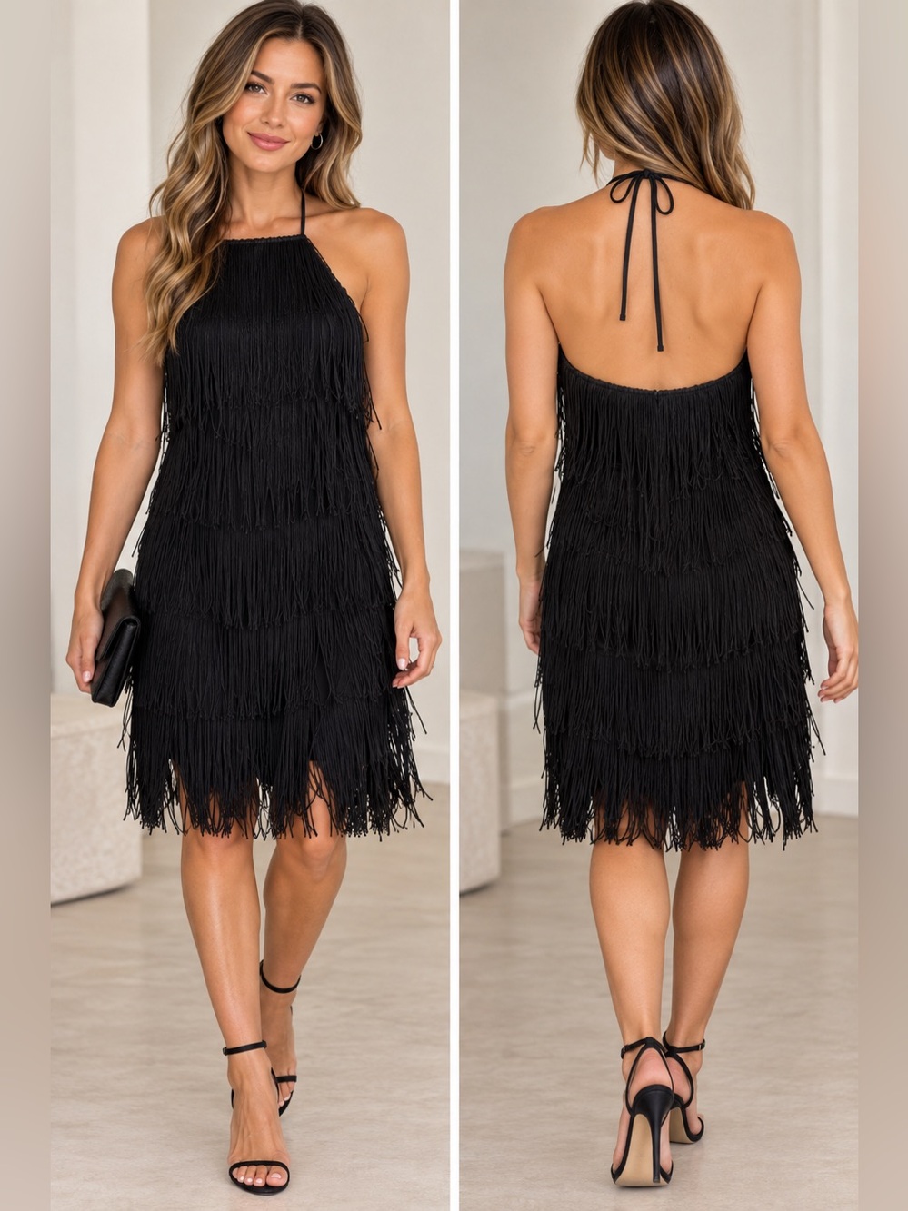 Black Fringe mini clapper Slip Dress - Elegant fun Dress tie neck